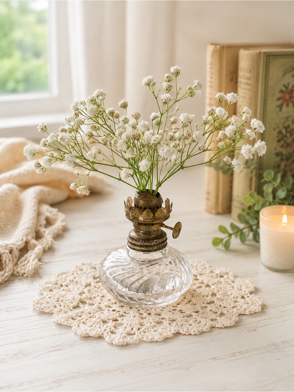Vintage-Style Clear Glass Oil Lamp Vase with White Flowers small